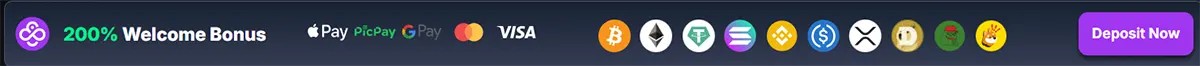 Banner showing a 200% welcome bonus with supported payment methods including Apple Pay, Google Pay, Visa, Mastercard and multiple cryptocurrencies. A