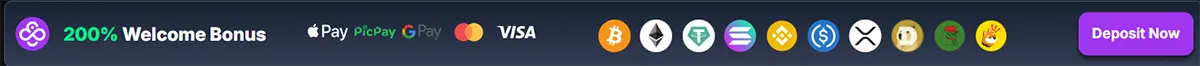 Banner showing a 200% welcome bonus with supported payment methods including Apple Pay, Google Pay, Visa, Mastercard and multiple cryptocurrencies. A 'Deposit Now' button appears on the right