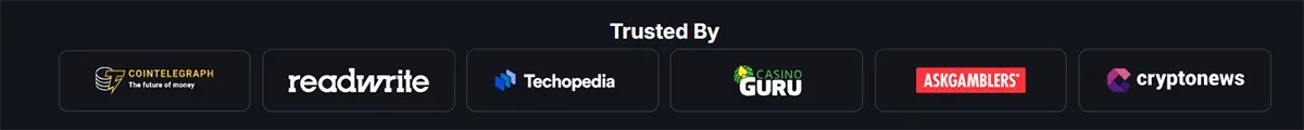 Logos of trusted industry media including Cointelegraph, ReadWrite, Technopedia, Casino Guru, AskGamblers, and Cryptonews. Displayed in a horizontal row under a