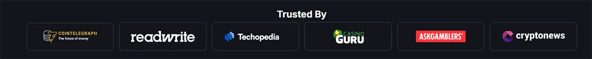Logos of trusted industry media including Cointelegraph, ReadWrite, Technopedia, Casino Guru, AskGamblers, and Cryptonews. Displayed in a horizontal row under a 'Trusted By' heading.
